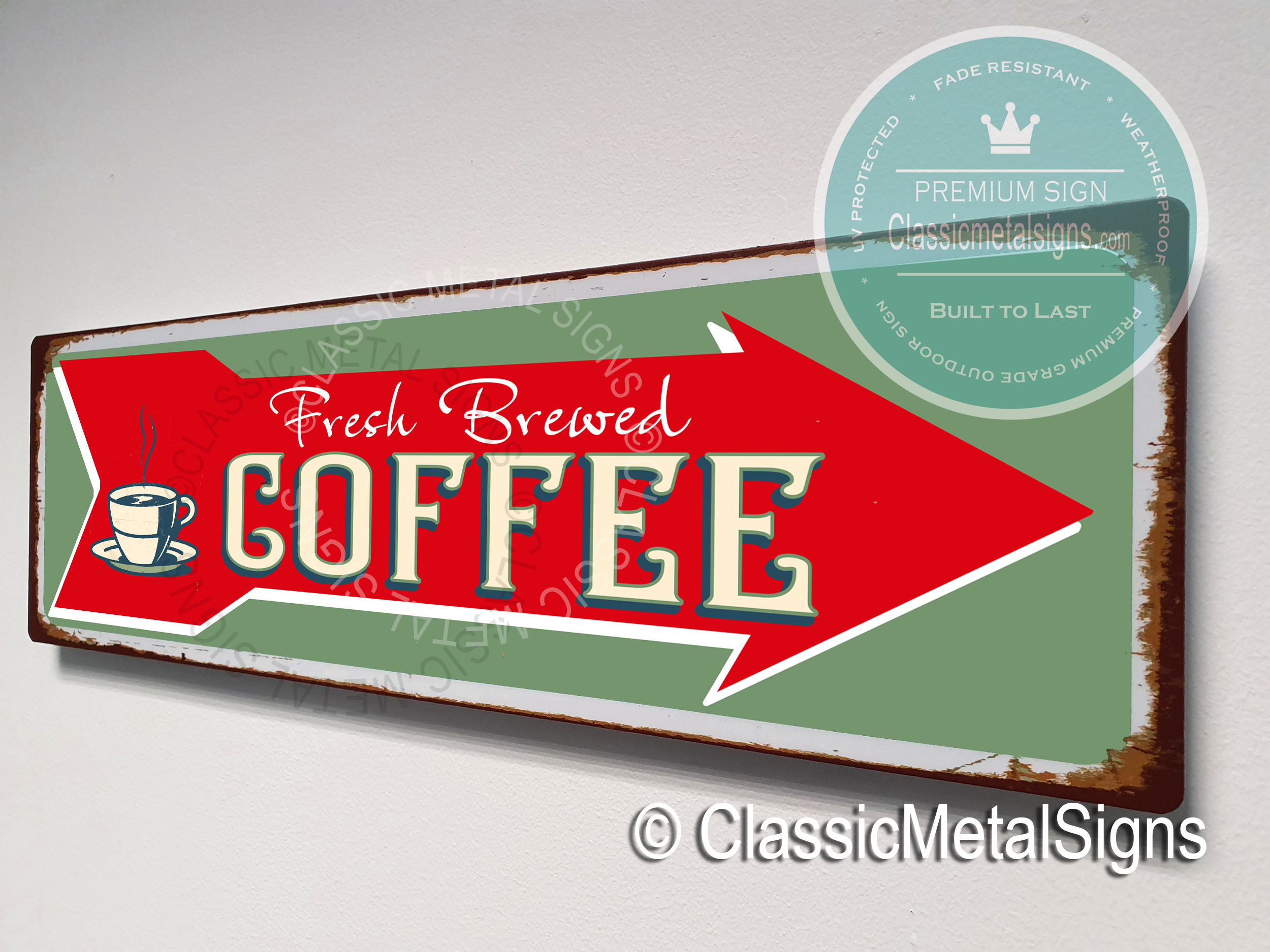 Freshly Brewed Coffee Sign with Arrow